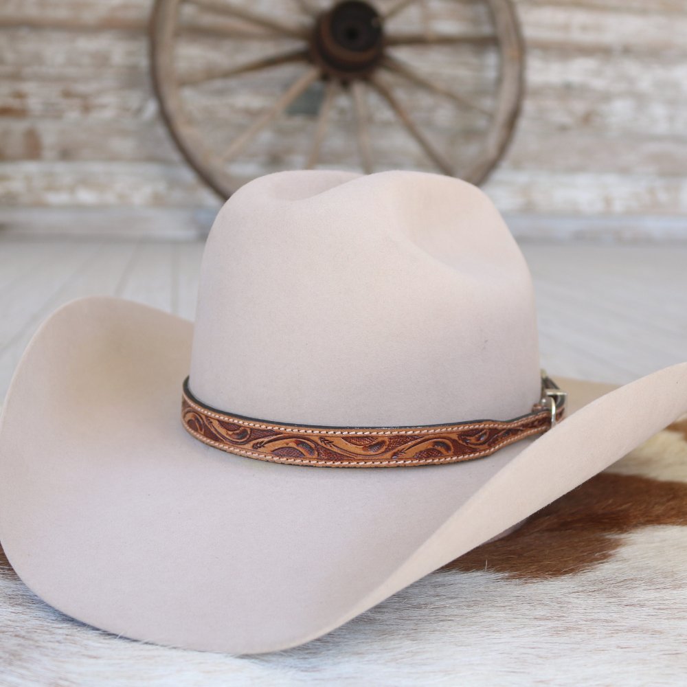 Brown Tooled Floral Leather Buckle Hat Band - Cody