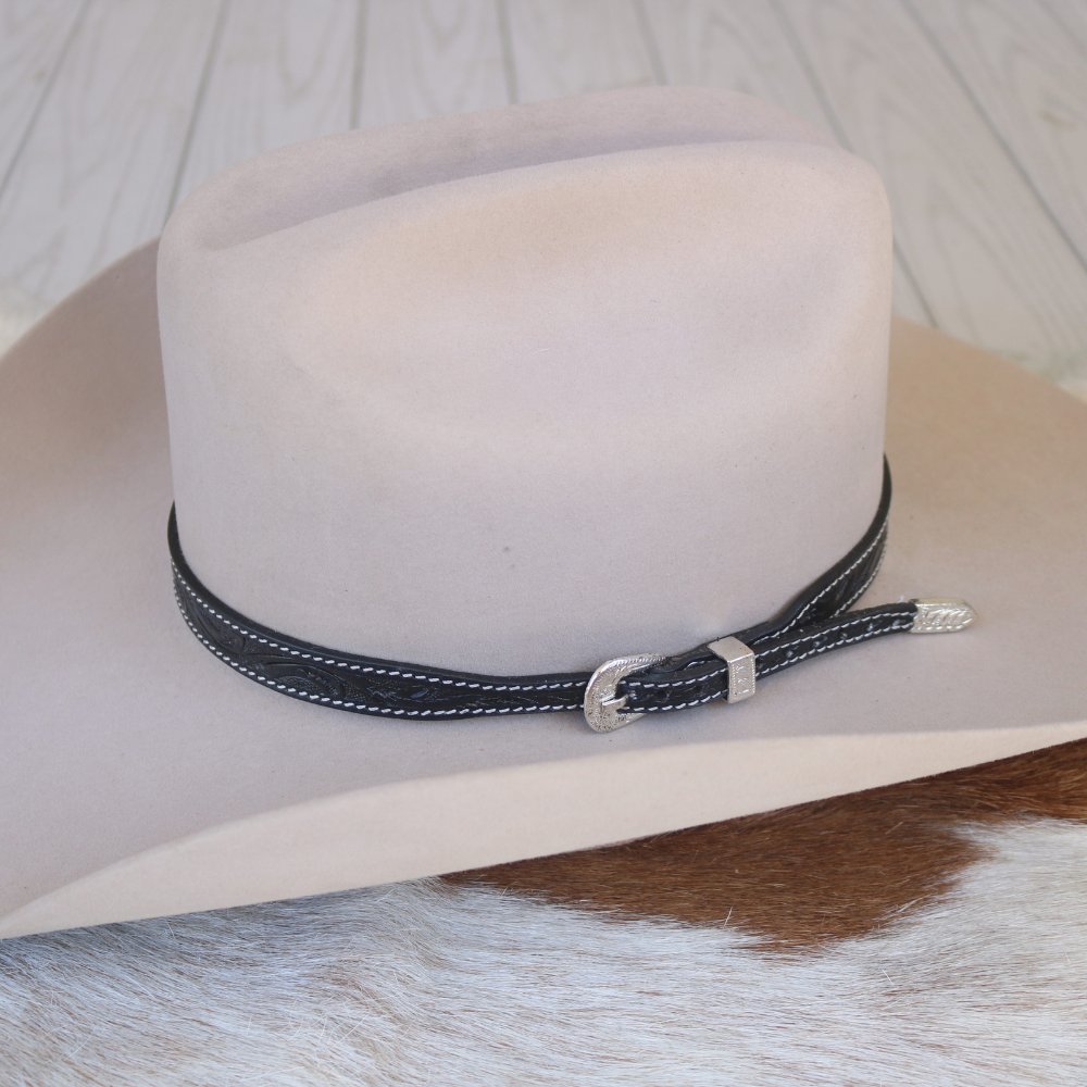 Black Tooled Leather Buckle Hat Band