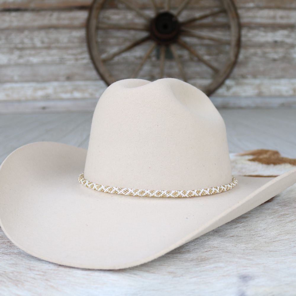 Round Beaded Hat Band (White & Gold)