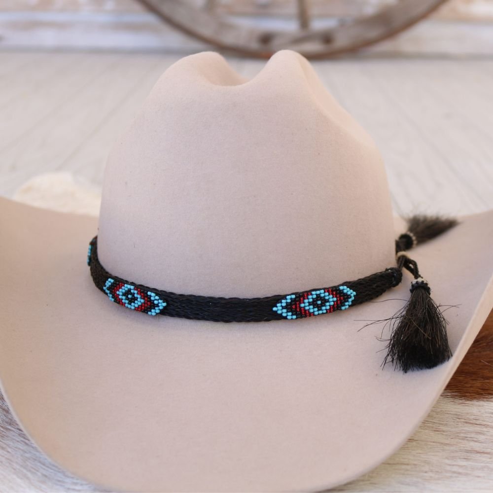 Genuine Horsehair 5 Strand Braided Hat Band with Double Tassel - Blue Roan