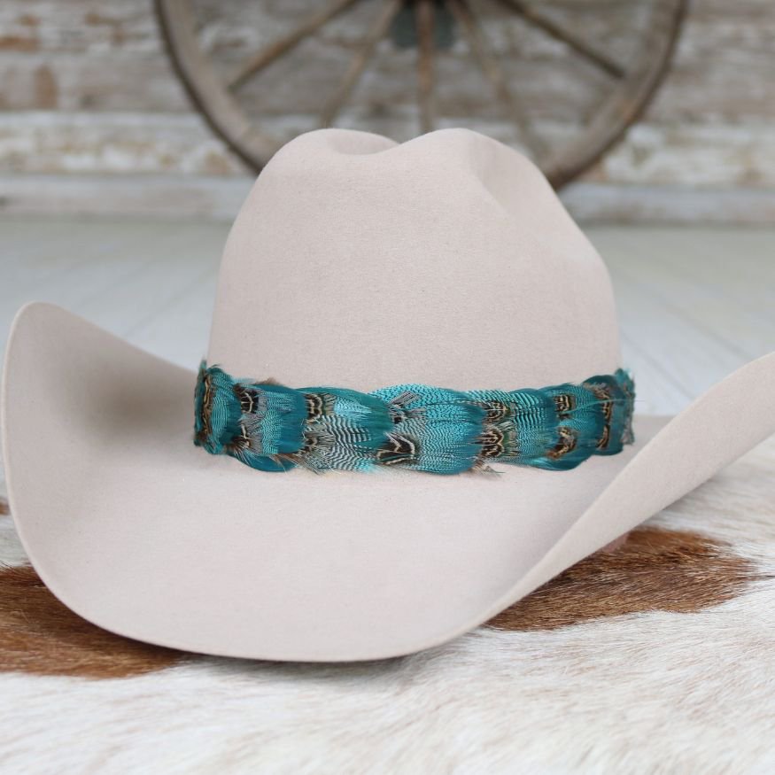 1761 Cowboy Hat Band Feather And Vibrant Blue Turquoise Bead Weave Long Silver Beaded Turquoise Cowboy Hat Band, Native American Beaded  main image 4