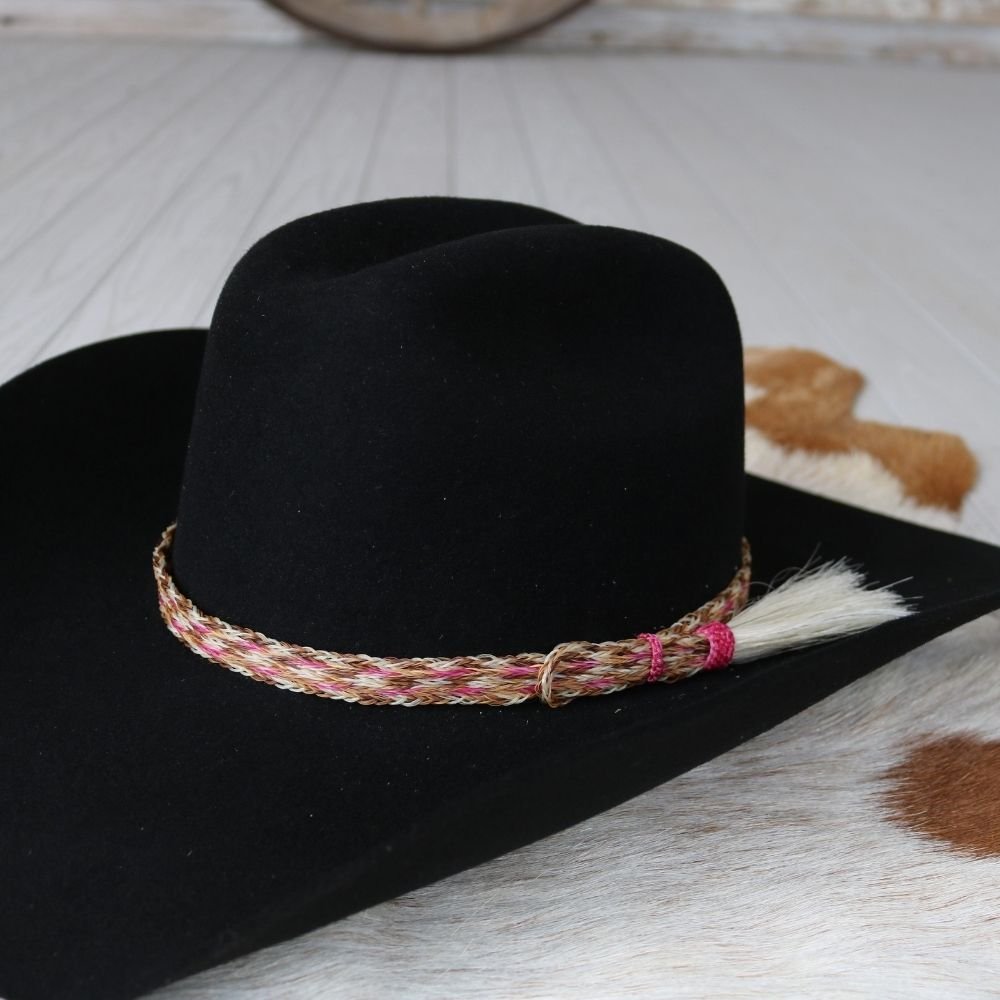 Genuine Horsehair 6 Strand Braided Hat Band with Single Tassel - Pink