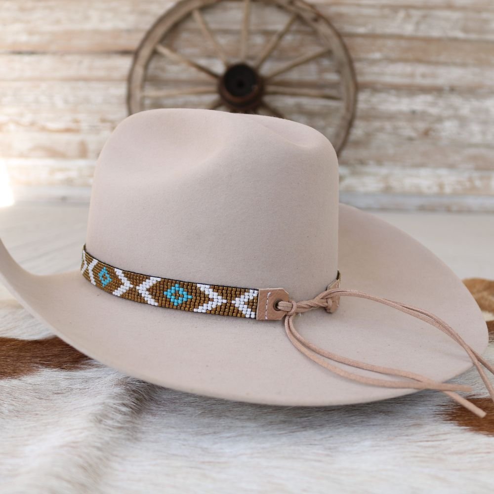 Beaded Hat Band Turquoise Diamond & Bronze