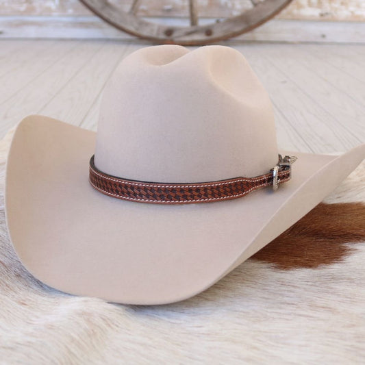 Tooled Basketweave Pattern Leather Hat Band