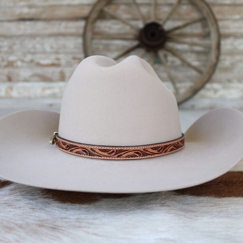 Brown Tooled Leather Buckle Hat Band
