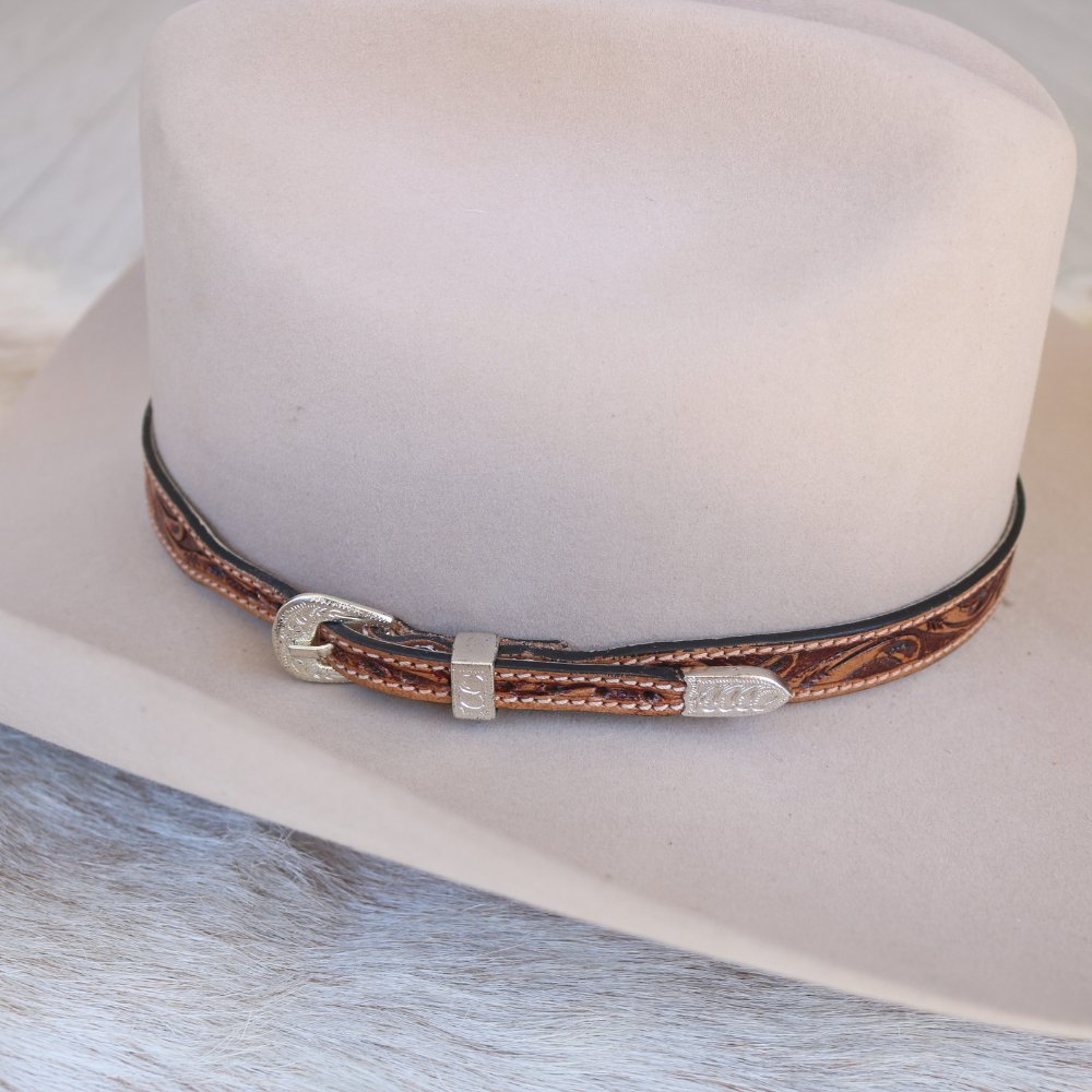 Brown Tooled Leather Buckle Hat Band