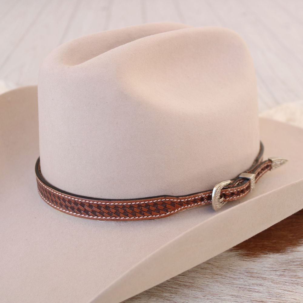 Tooled Basketweave Pattern Leather Hat Band
