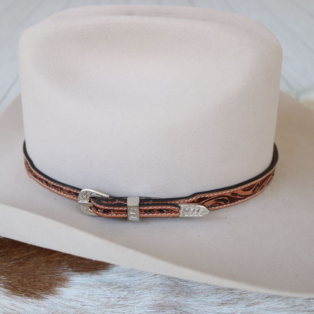 Brown Tooled Leather Buckle Hat Band
