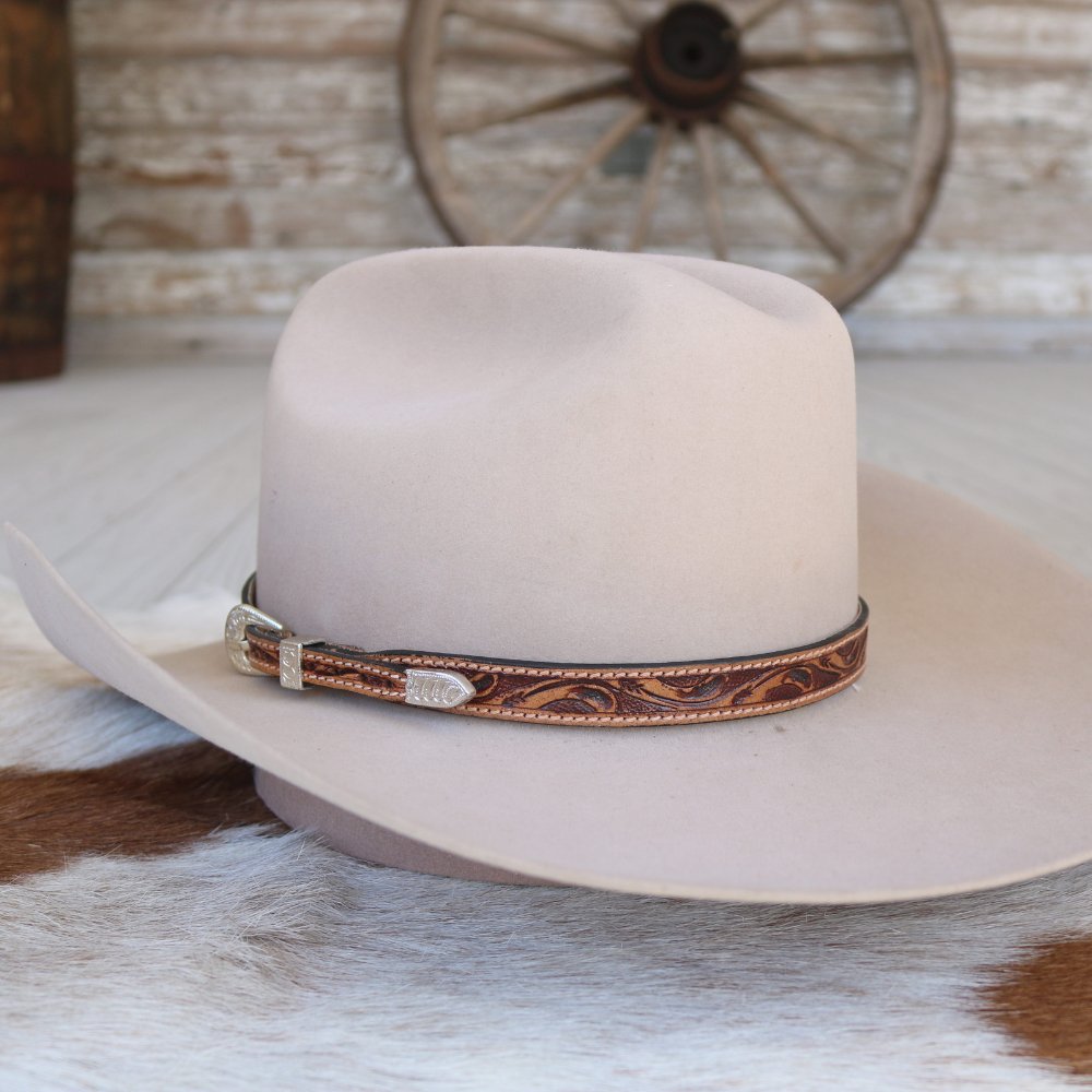 Brown Tooled Leather Buckle Hat Band