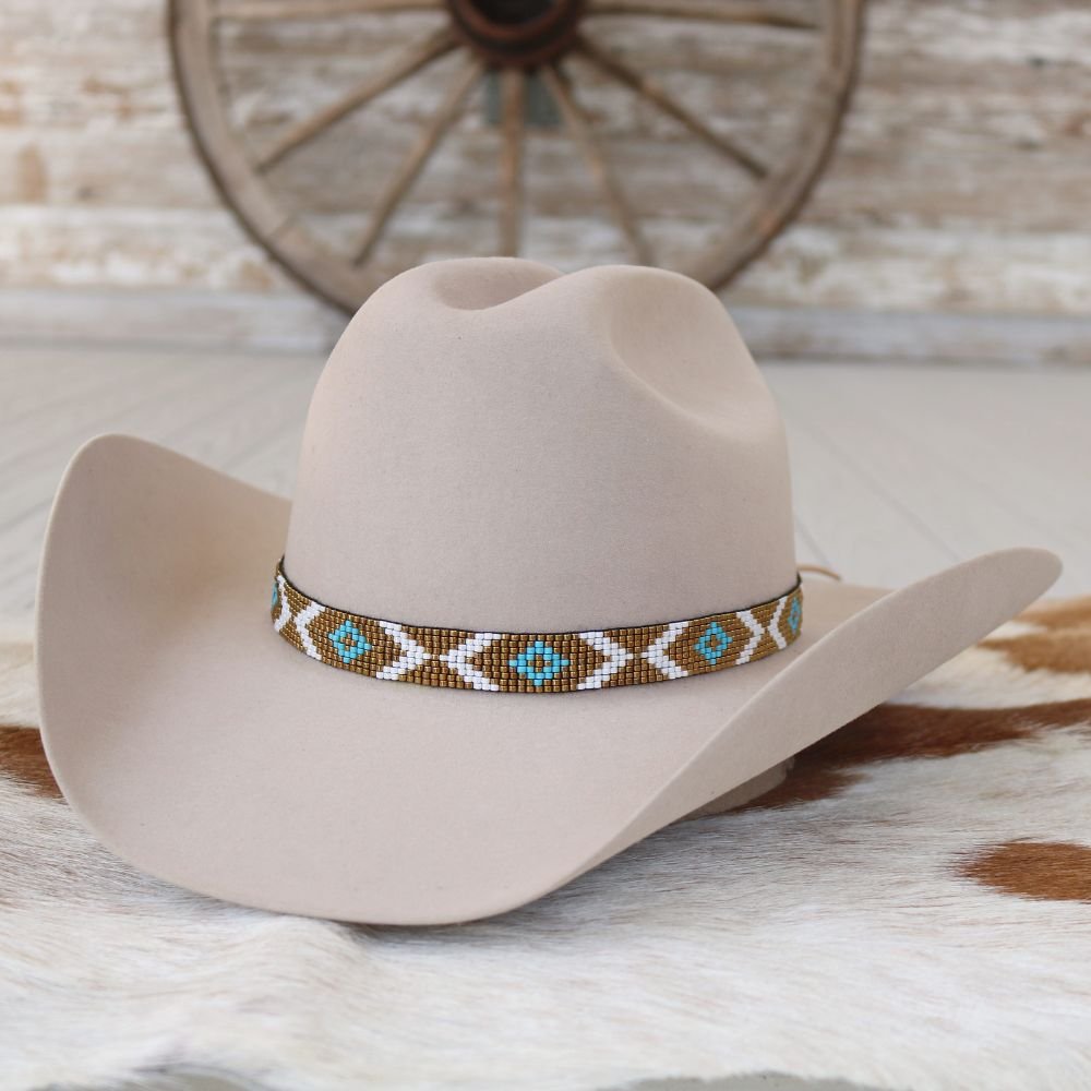 Beaded Hat Band Turquoise Diamond & Bronze