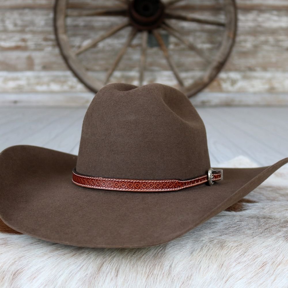 Brown Tooled Rosette Floral Pattern Leather Hat Band