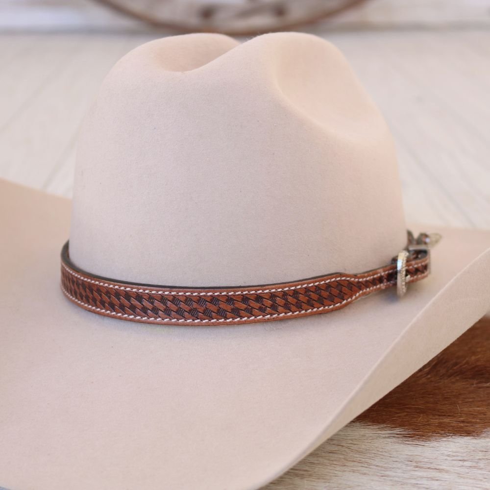 Tooled Basketweave Pattern Leather Hat Band