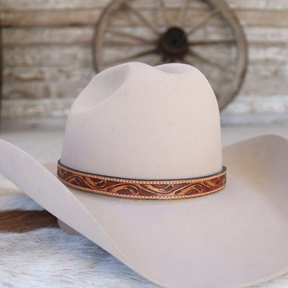Brown Tooled Leather Buckle Hat Band