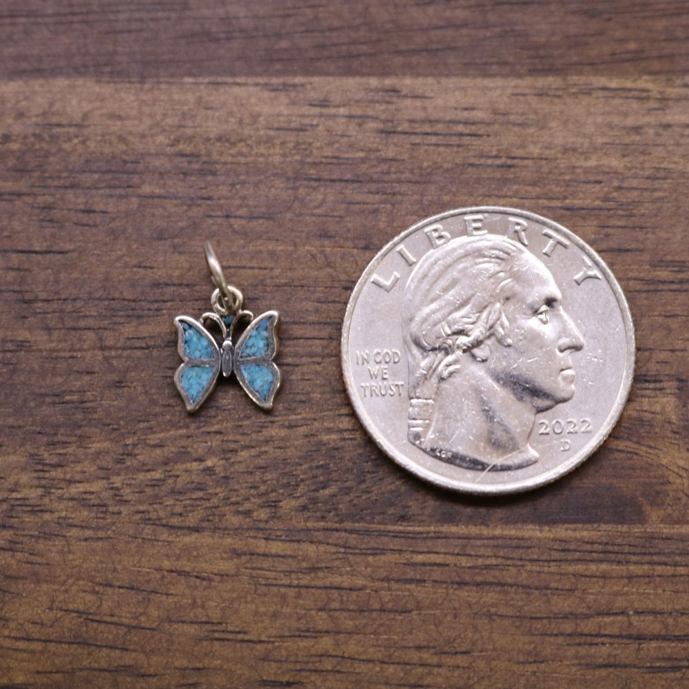 a coin and a butterfly pendant