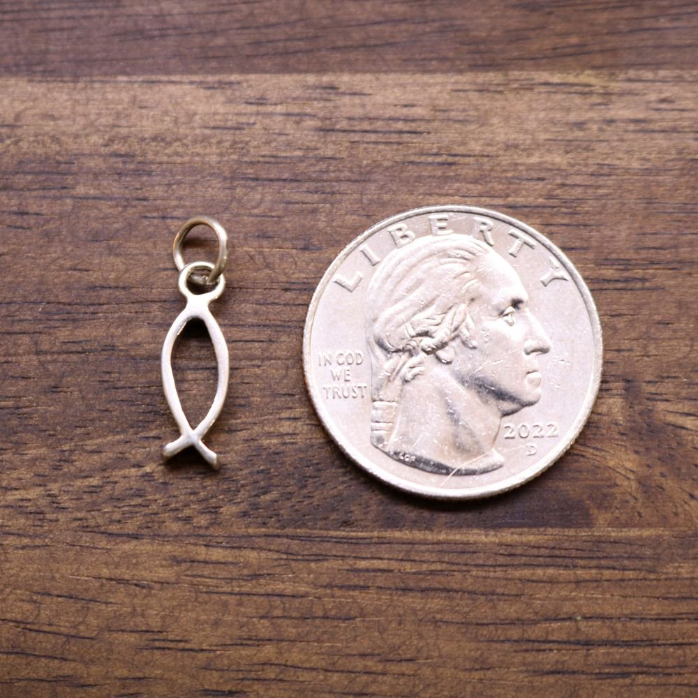 a coin and a small fish pendant
