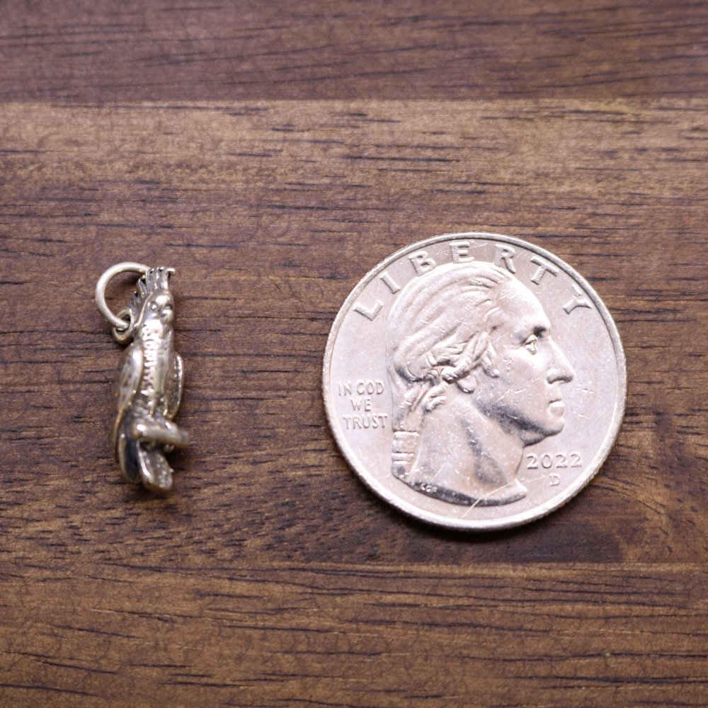 a coin and a small bird pendant