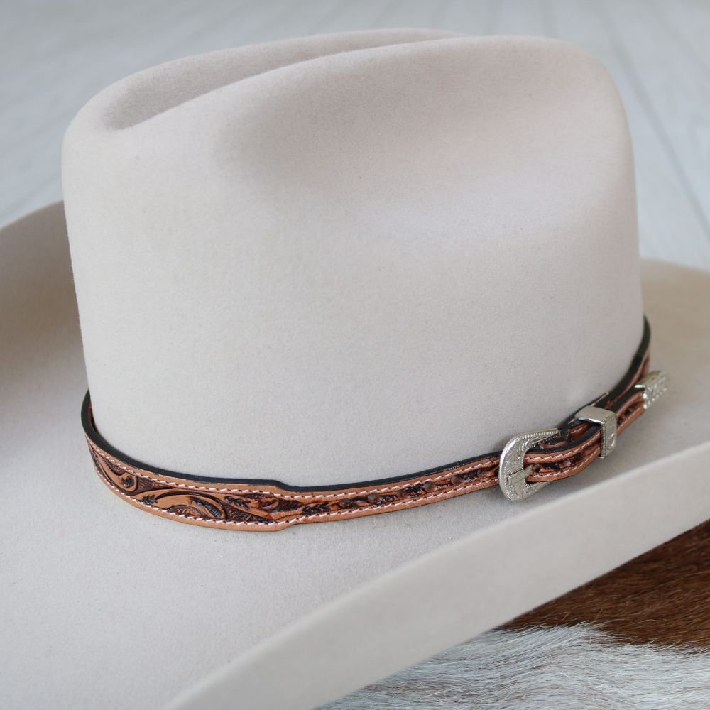 Brown Tooled Leather Buckle Hat Band