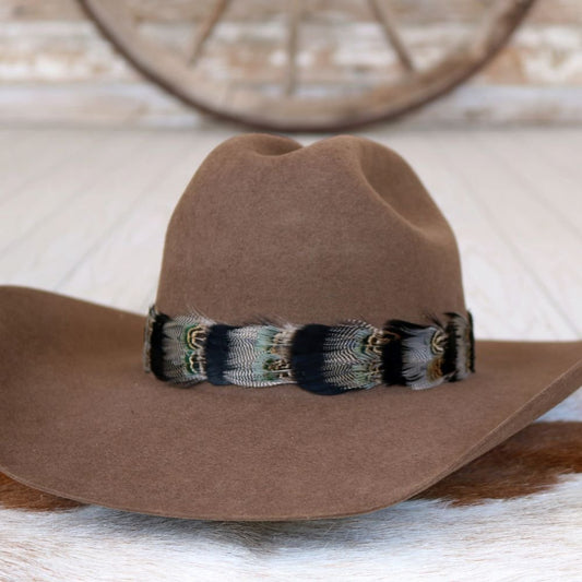 a brown hat with feathers on it