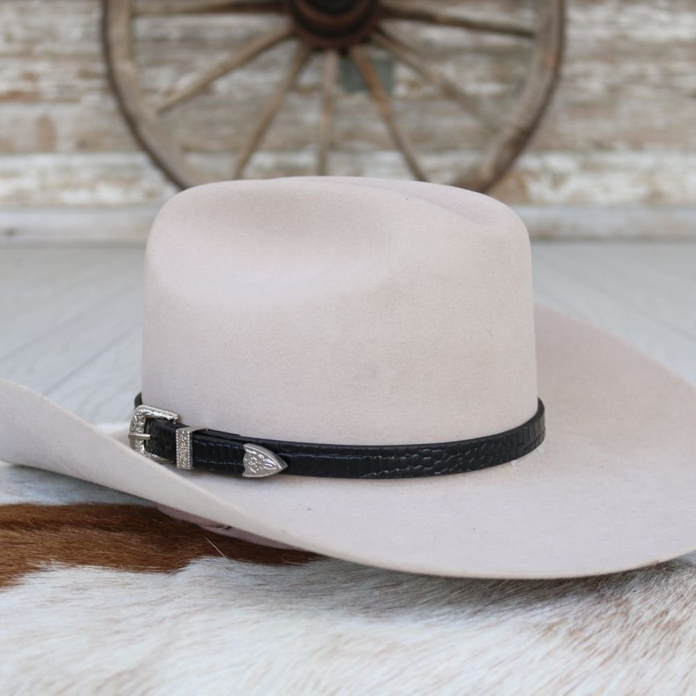 Leather Hat Band with Silver Buckle – Black Croc