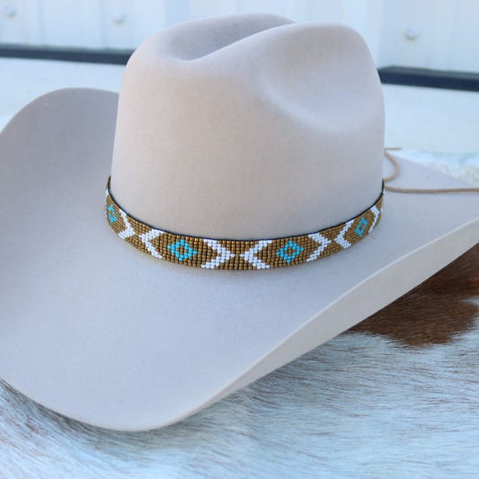 Beaded Hat Band Turquoise Diamond & Bronze