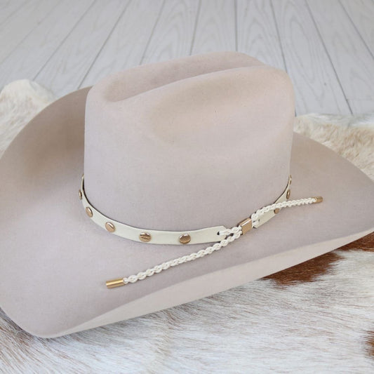 Cream Studded Goat Leather Hat Band