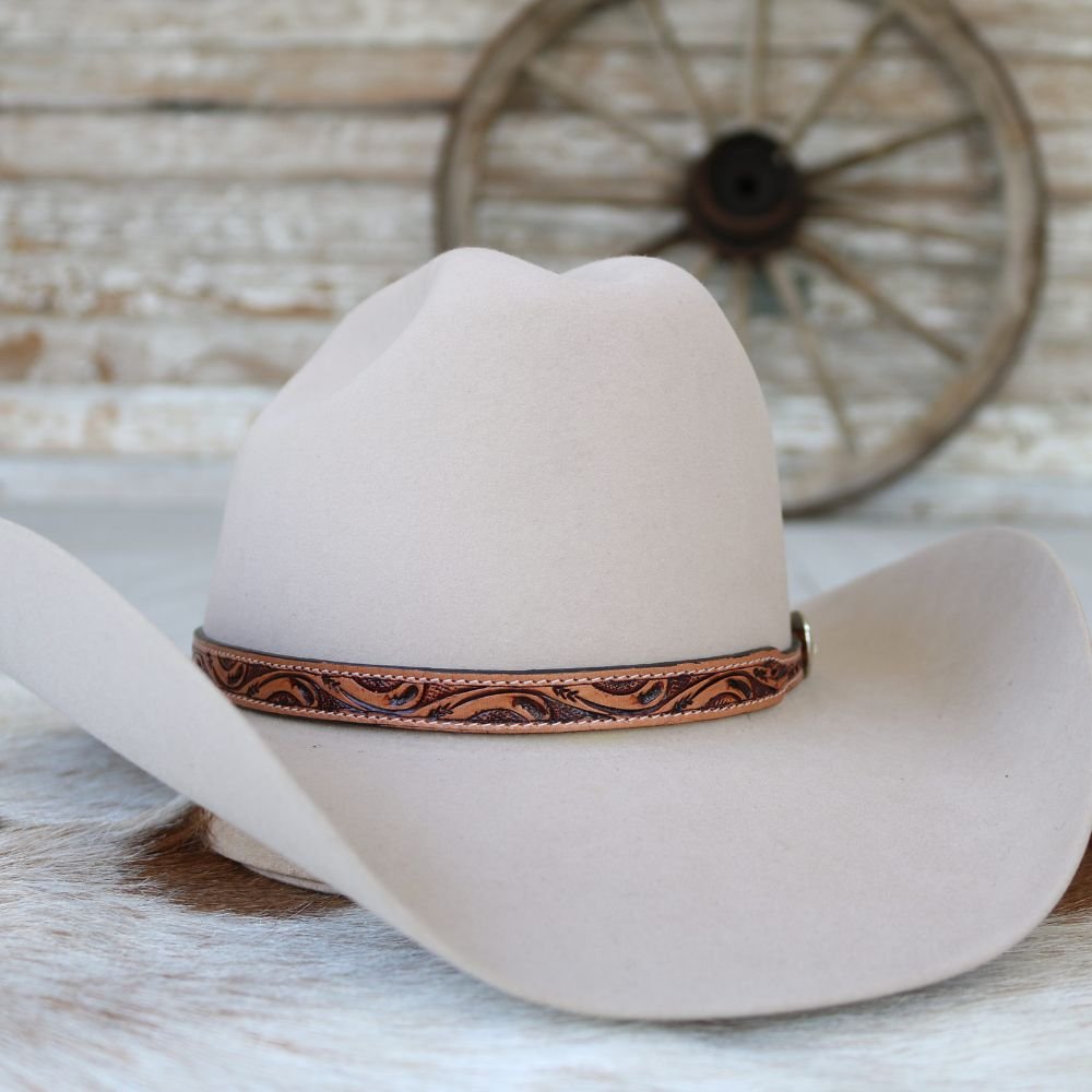 Brown Tooled Leather Buckle Hat Band