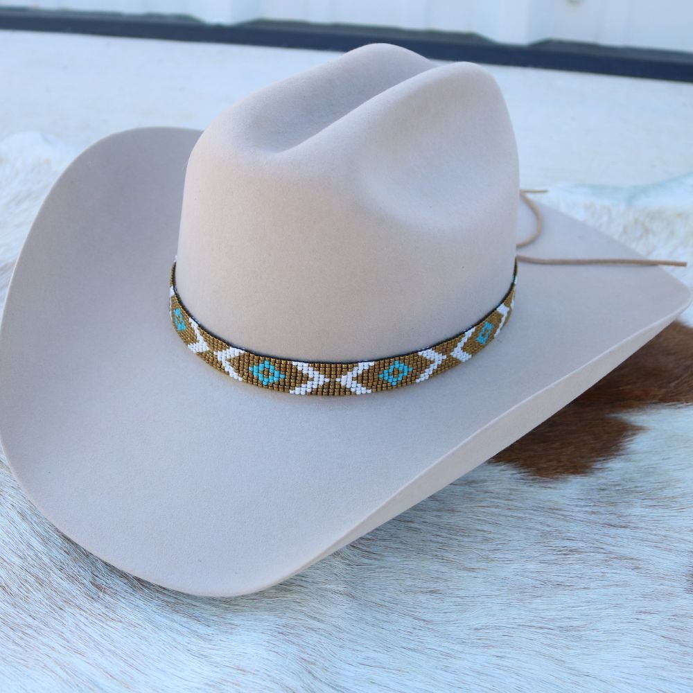 Beaded Hat Band Turquoise Diamond & Bronze
