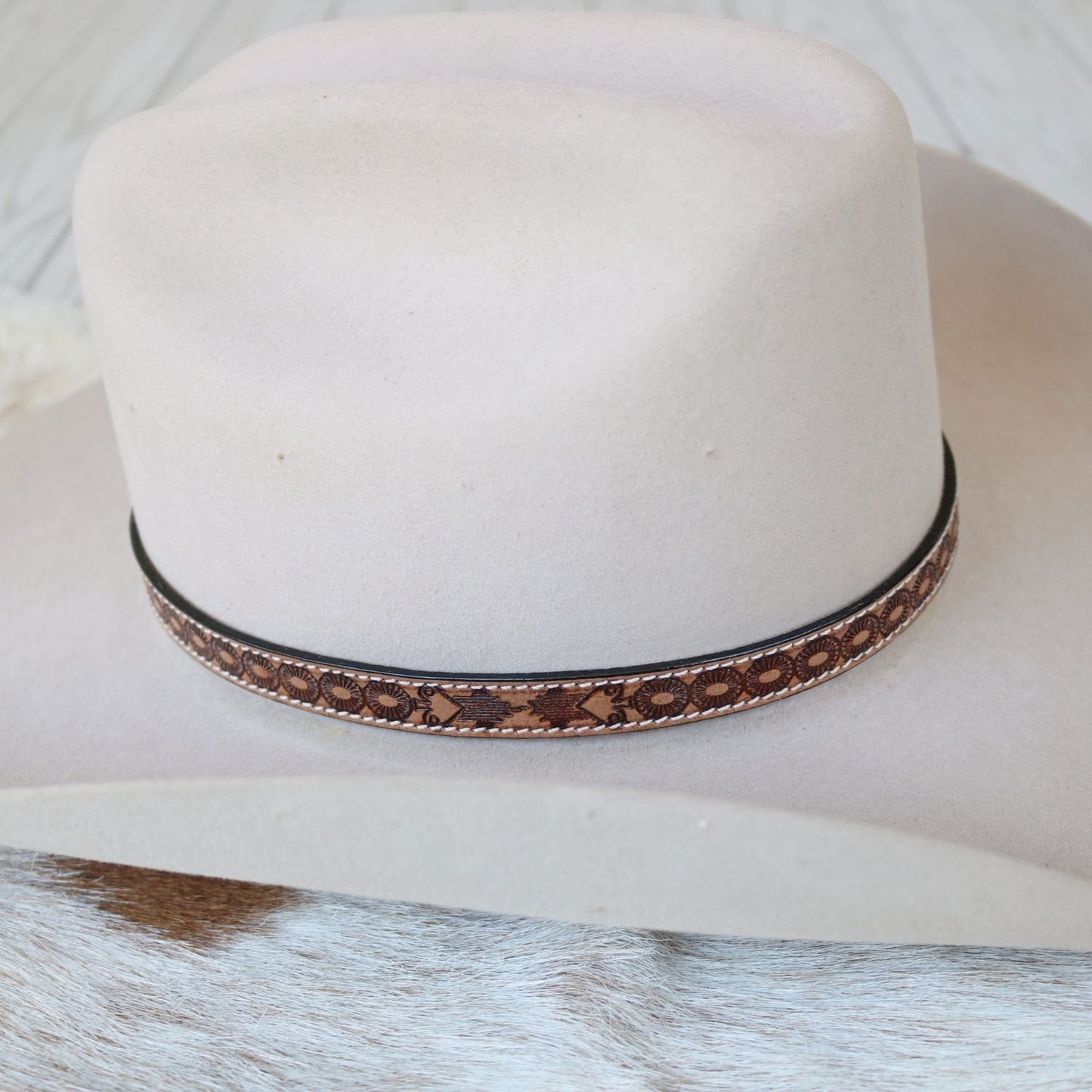 Brown Tooled Leather Hat Band - Jones