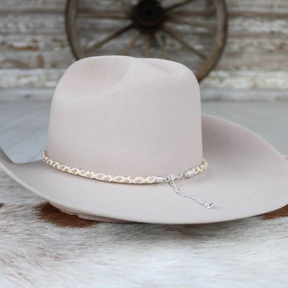 Round Beaded Hat Band (White & Gold)