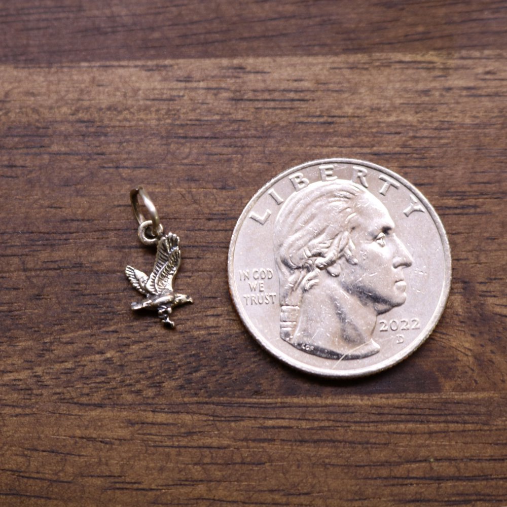 a coin and a bird pendant