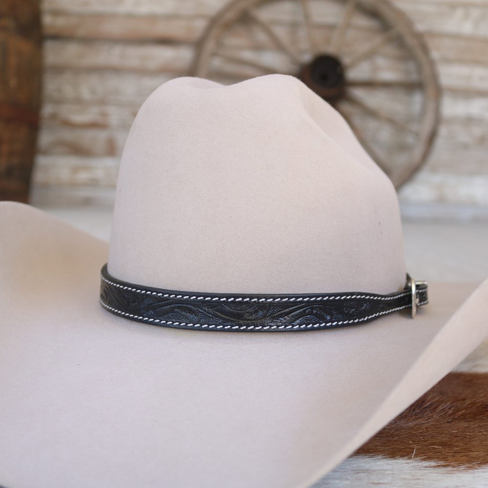 Black Tooled Leather Buckle Hat Band