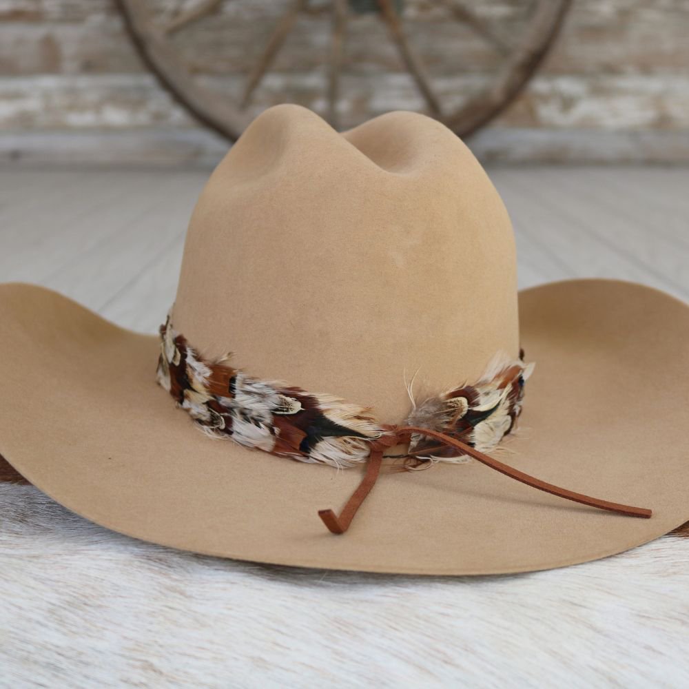 a brown hat with feathers on it
