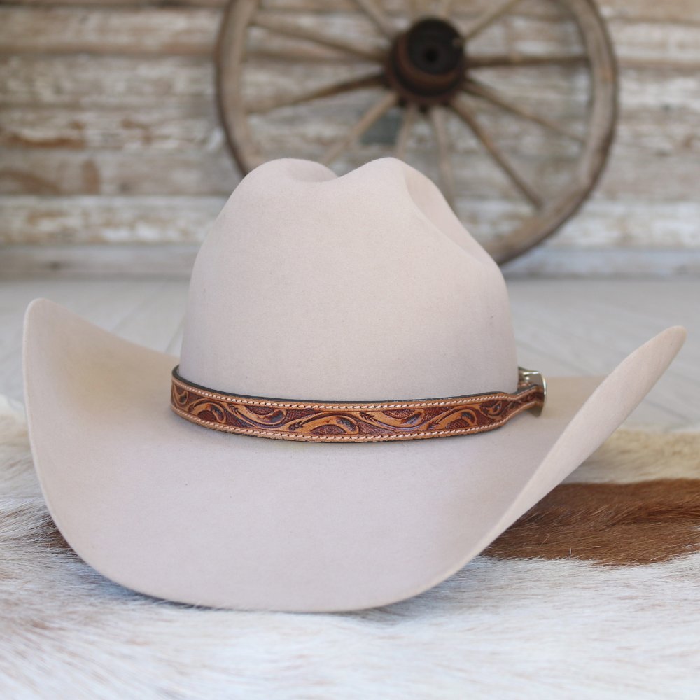 Brown Tooled Leather Buckle Hat Band