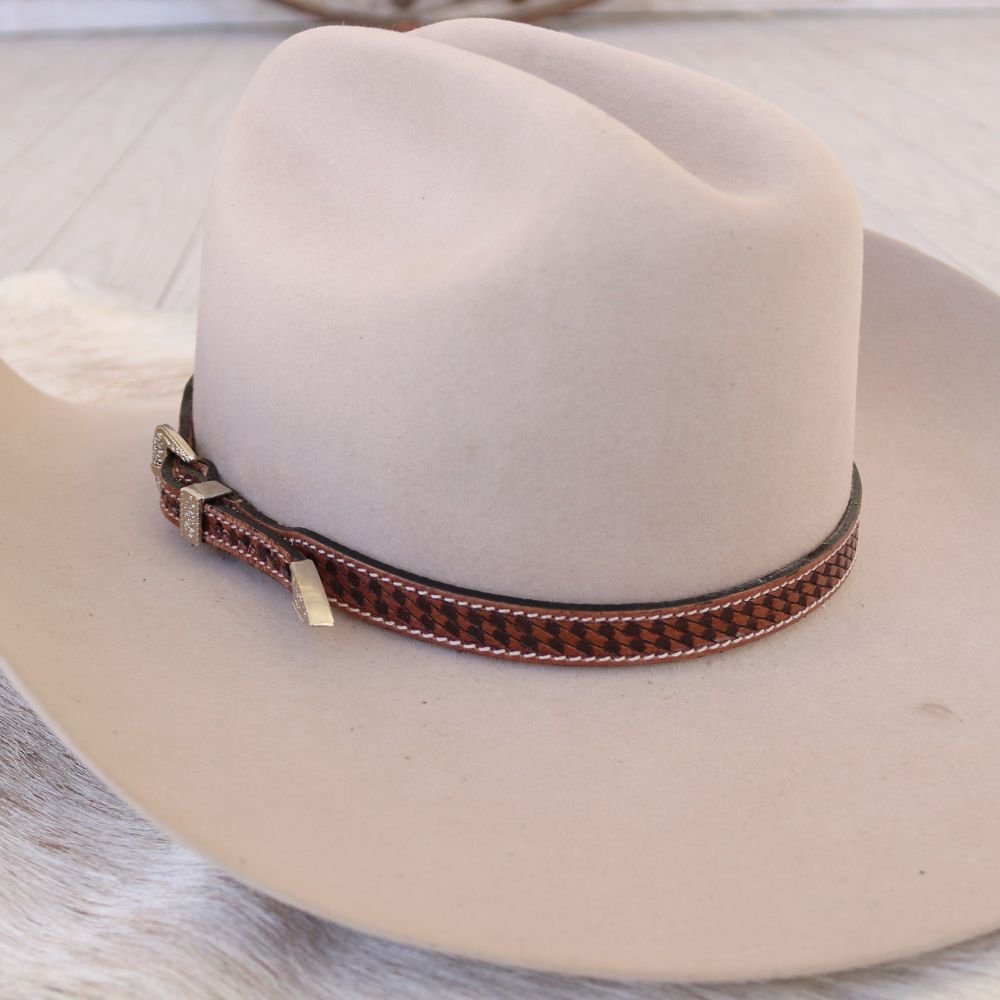Tooled Basketweave Pattern Leather Hat Band