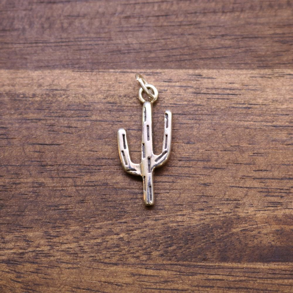 a gold cactus pendant on a wood surface
