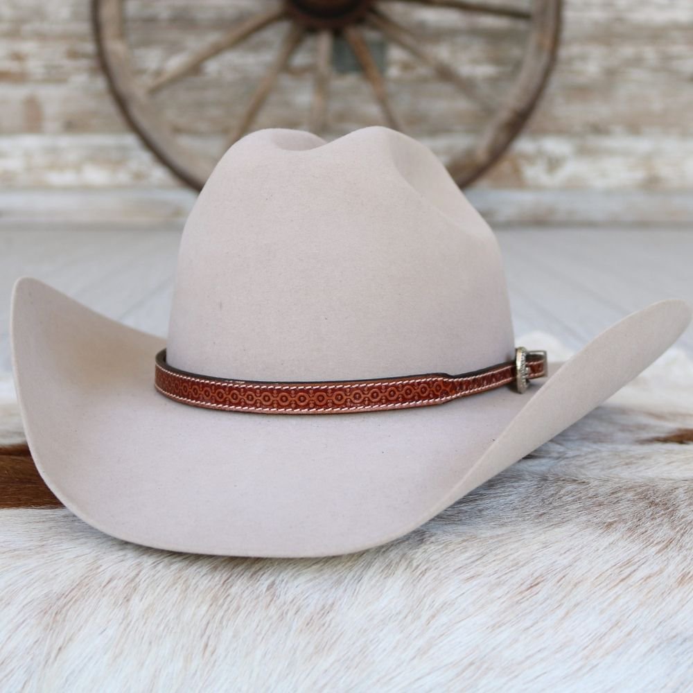 Brown Tooled Rosette Floral Pattern Leather Hat Band