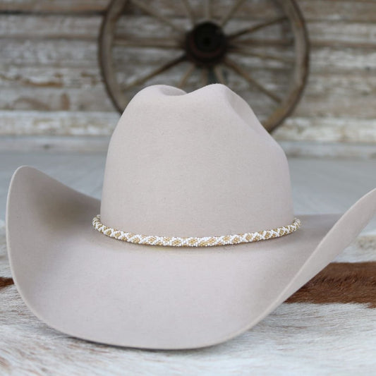 Round Beaded Hat Band (White & Gold)