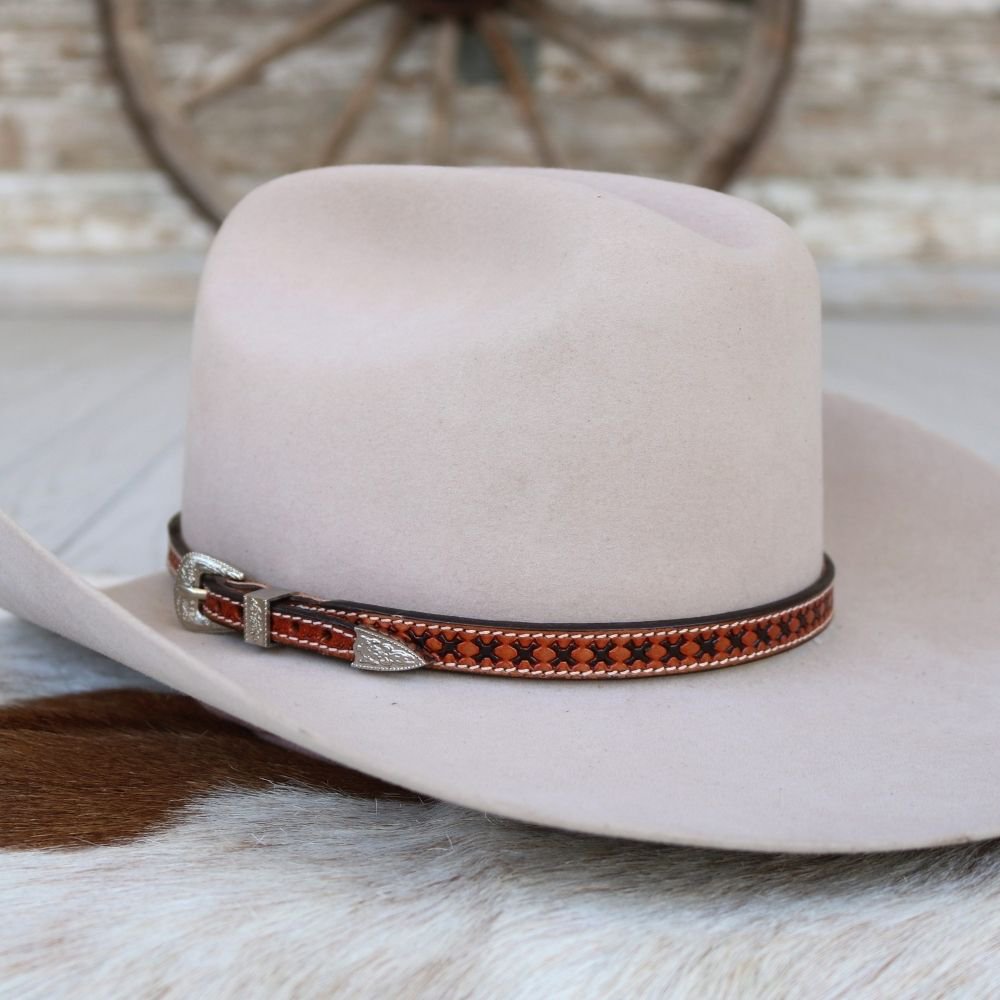 Brown Tooled Cross Stitch Pattern Leather Hat Band