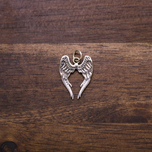 a silver angel wings on a wood surface