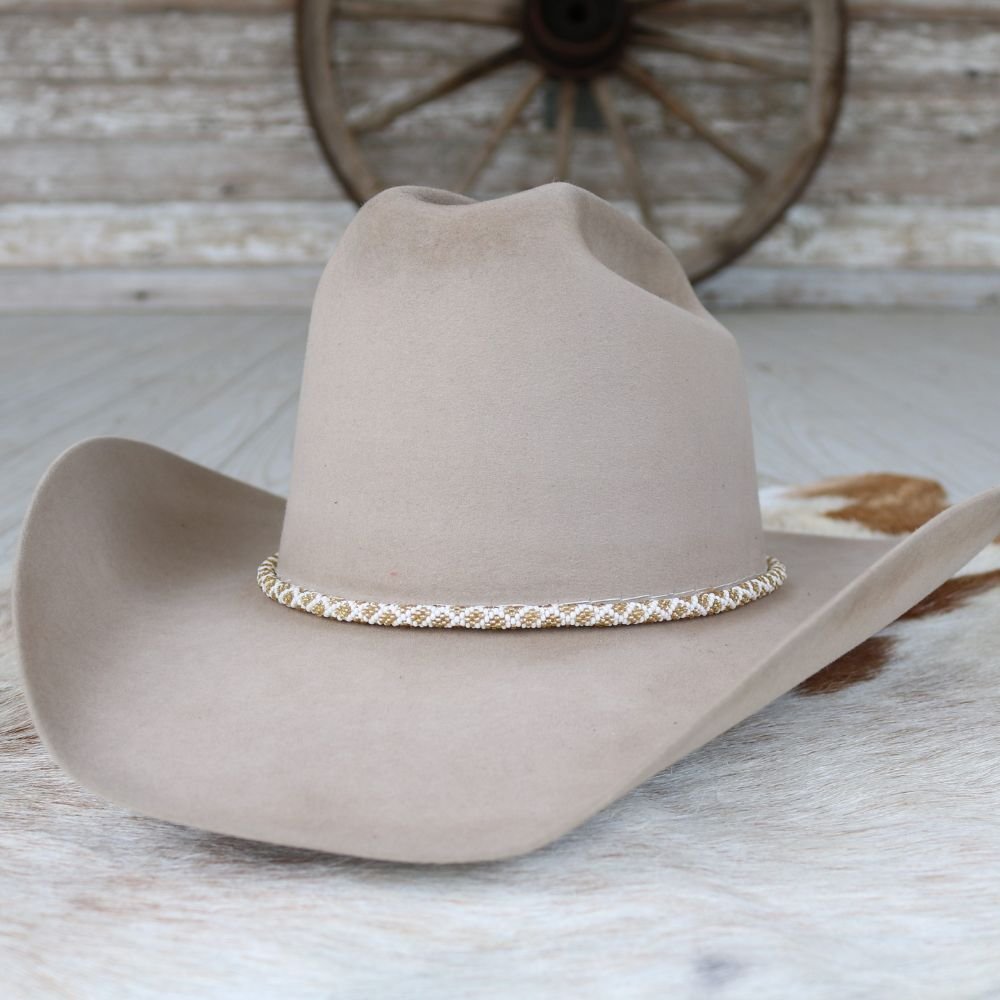 Round Beaded Hat Band (White & Gold)