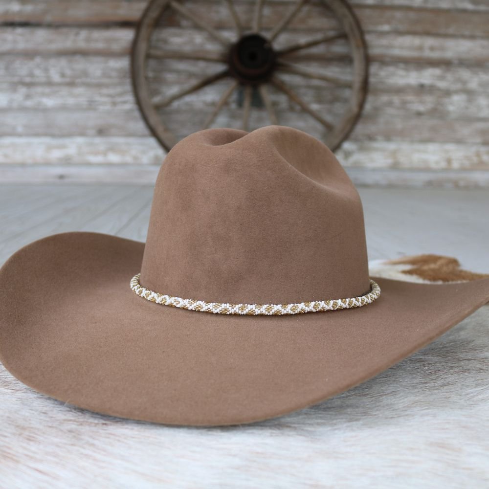 Round Beaded Hat Band (White & Gold)