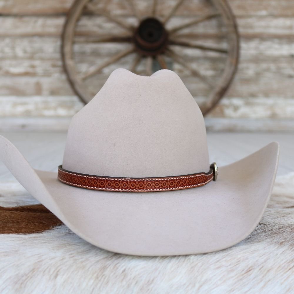 Brown Tooled Rosette Floral Pattern Leather Hat Band