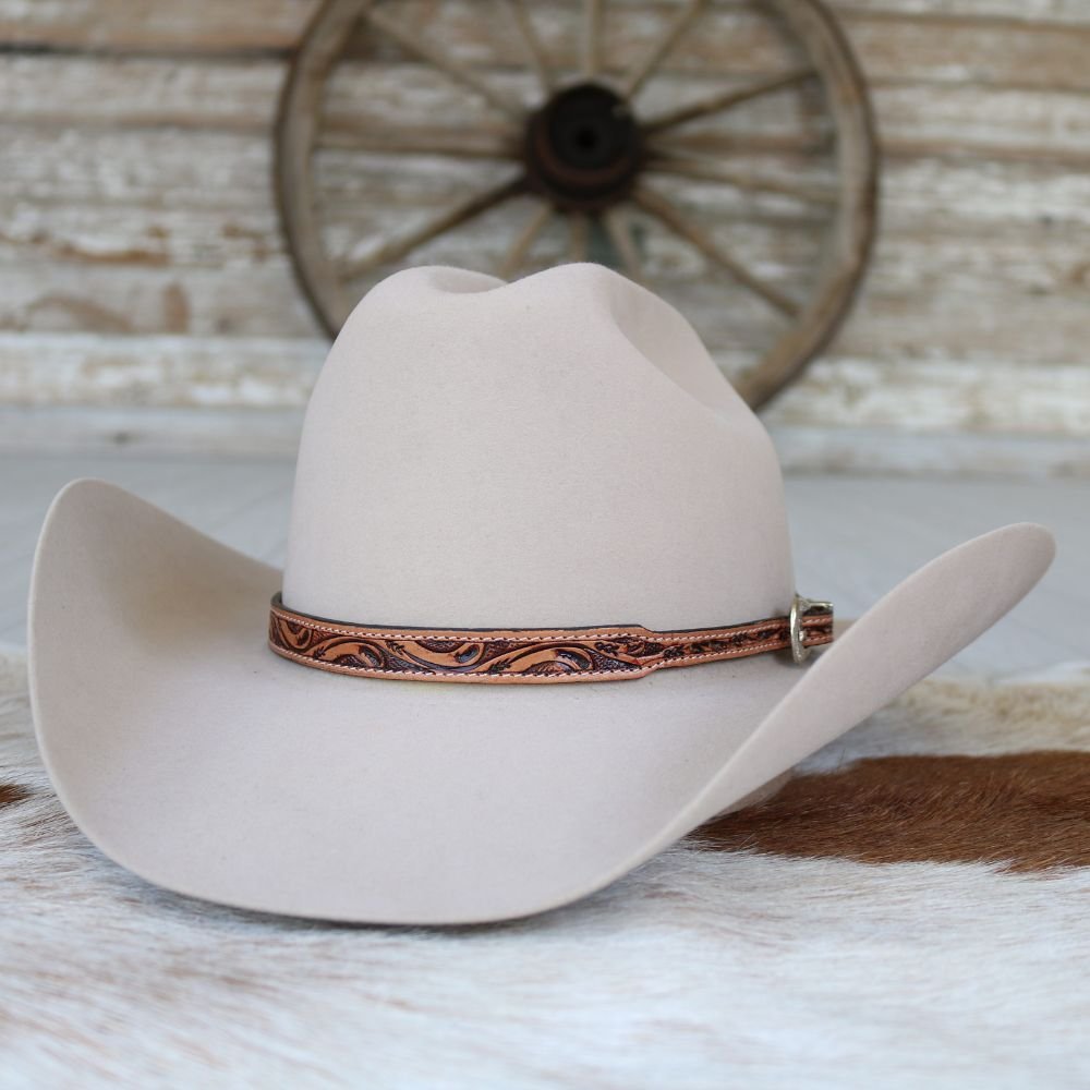 Brown Tooled Leather Buckle Hat Band