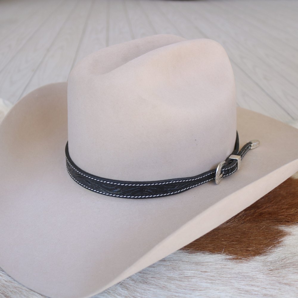 Black Tooled Leather Buckle Hat Band